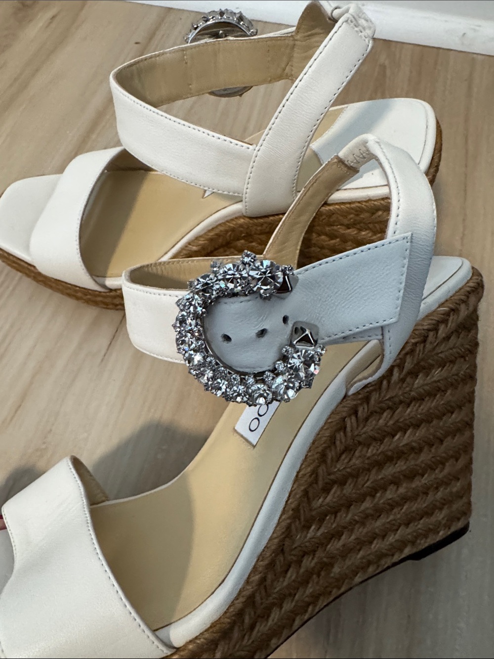 Jimmy Choo White Espadrille Wedge Sandals with Crystal Buckle - Picture 2 of 5